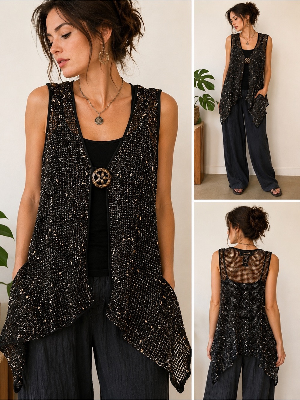 KAKTUS Open Knit Crochet Vest Women’s Small Black Speckled Boho Asymmetrical Hem